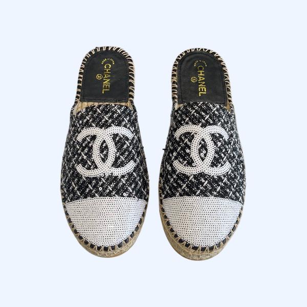 [ 샤넬 ] CC 로고 트위드 에스파듀 여성 샌들 슬리퍼