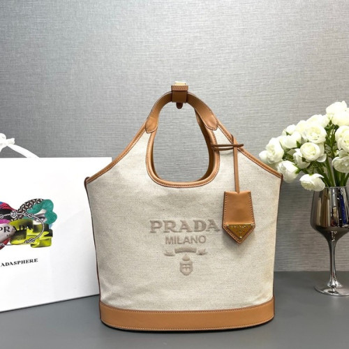 [ Prada ] 프라다 리넨 혼방 및 가죽 토트백 미디엄