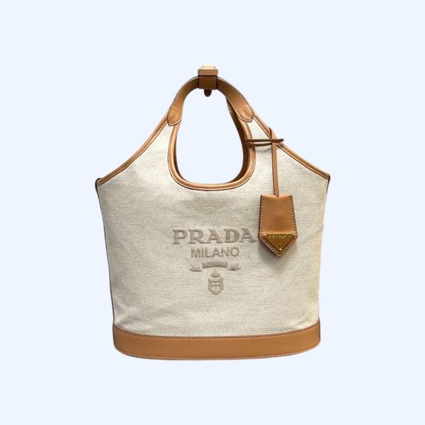 [ Prada ] 프라다 리넨 혼방 및 가죽 토트백 미디엄