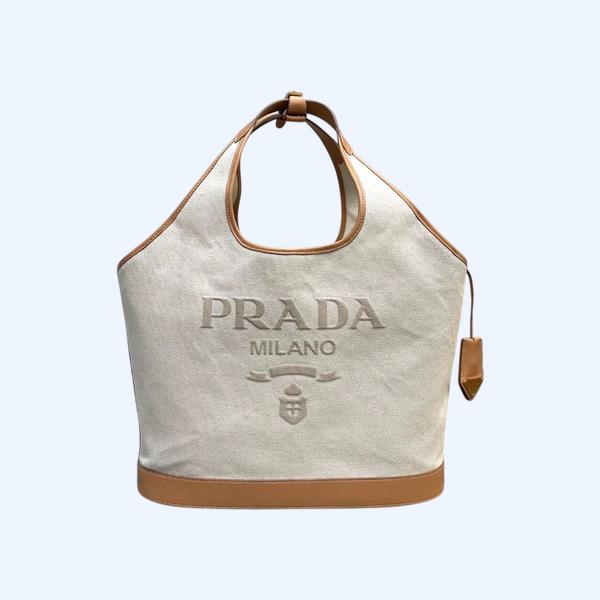 [ Prada ] 프라다 리넨 혼방 및 가죽 토트백 라지