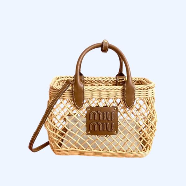 [ Miu Miu ] 미우미우 레더 트림 우븐 패브릭 핸드백