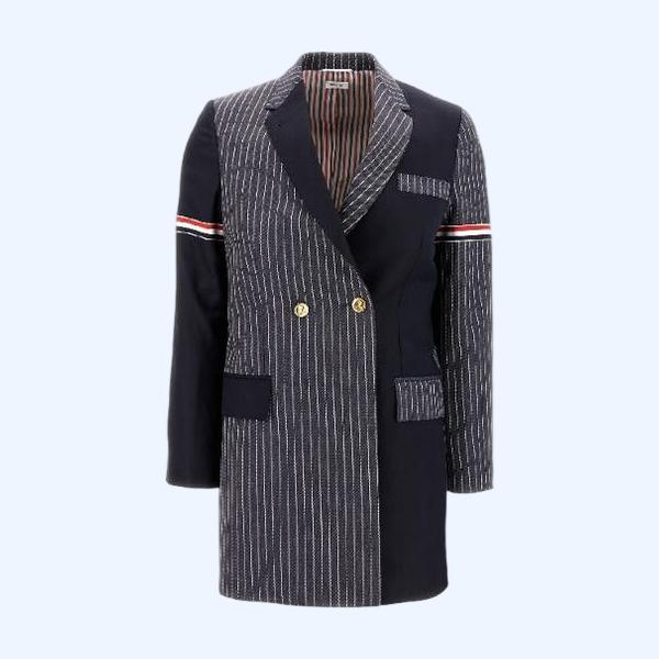 THOM BROWNE 펀믹스 핀스트라이프 암밴드 더블 코트