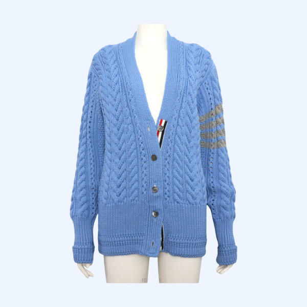톰브라운 블루 아란 케이블 여성 울 가디건