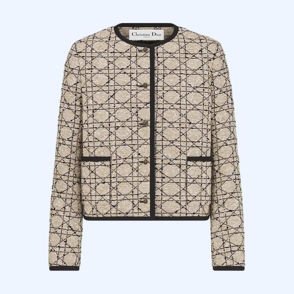 베이지 & 블랙 코튼 블렌드 트위드 재킷