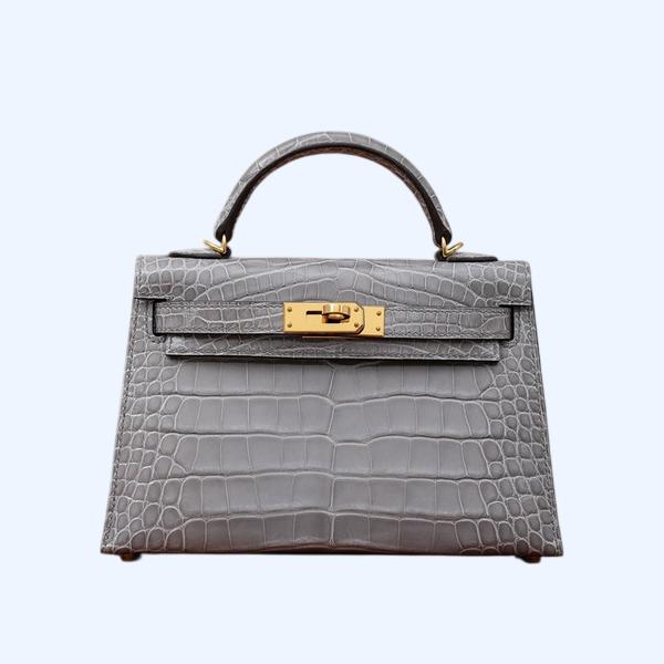 에르메스 켈리 20 셀리에 크로커다일 그레이 골드 하드웨어