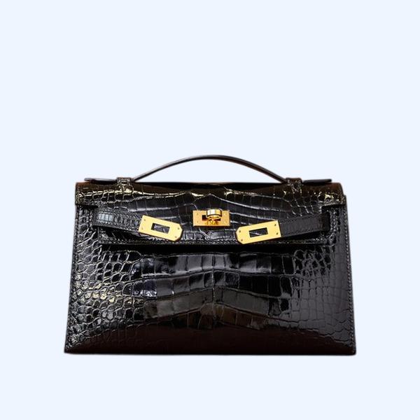 에르메스 켈리 포쉐트 크로커다일 블랙 골드 하드웨어