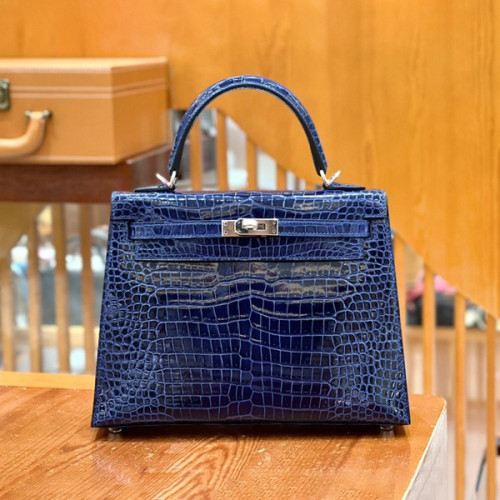 에르메스 켈리 25 셀리에 크로커다일 사파이어 블루 팔라듐 하드웨어