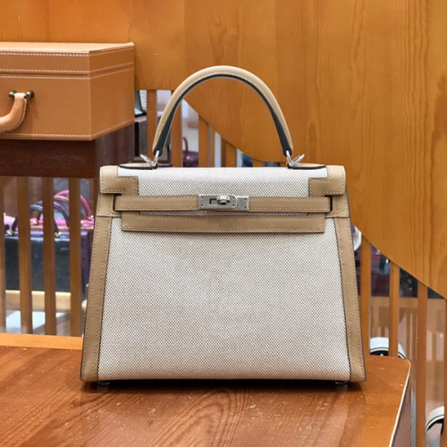 에르메스 켈리 25 셀리에 캔버스 밀크티 베이지 실버 하드웨어