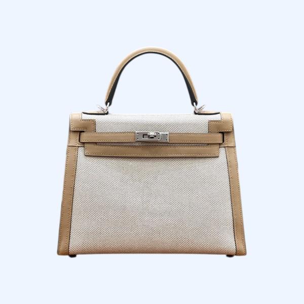 에르메스 켈리 25 셀리에 캔버스 밀크티 베이지 실버 하드웨어