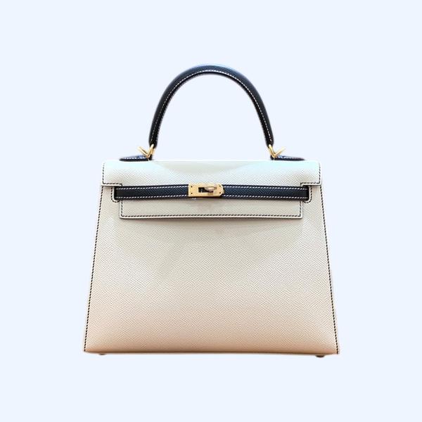 에르메스 켈리 25 셀리에 밀크쉐이크 화이트 블랙 골드 하드웨어