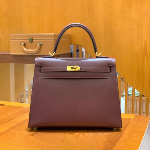 에르메스 켈리 25 셀리에 박스 와인 레드 골드 하드웨어