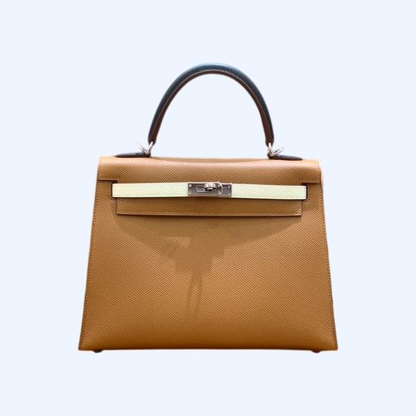 에르메스 켈리 25 셀리에 트리컬러 (골드브라운/크림화이트/사파이어블랙) 실버 하드웨어