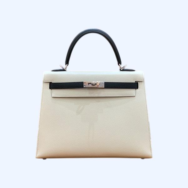 에르메스 켈리 25 셀리에 밀크 화이트 앤 블랙 실버 하드웨어
