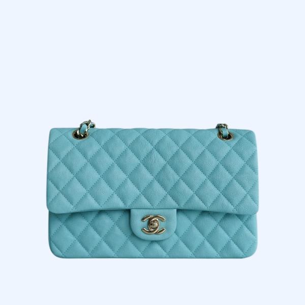 샤넬 클래식 미디엄 라이트 블루 금장 카프스킨