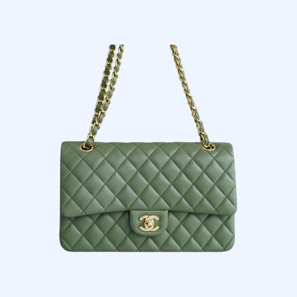 샤넬 클래식 미디엄 그린 금장 램스킨
