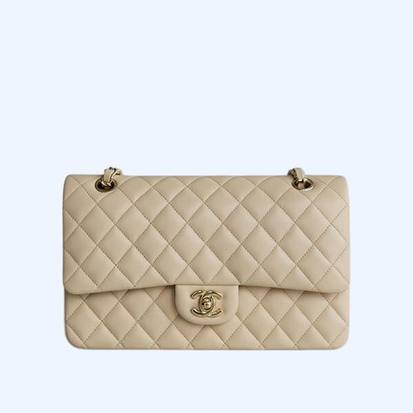 샤넬 클래식 미디엄 베이지 금장 램스킨