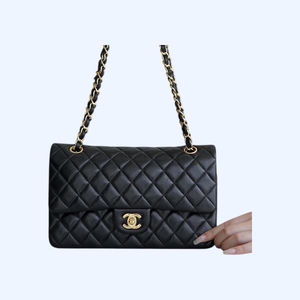 샤넬 클래식 미디엄 블랙 금장 램스킨