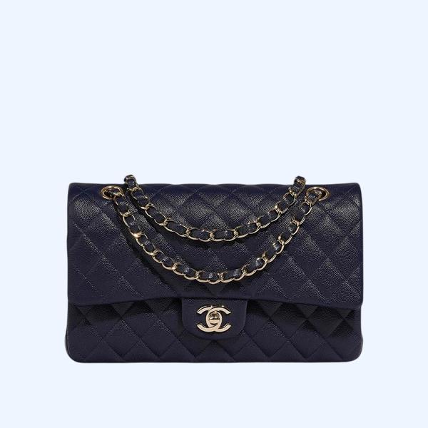 샤넬 클래식 미디엄 다크 블루 금장 캐비어