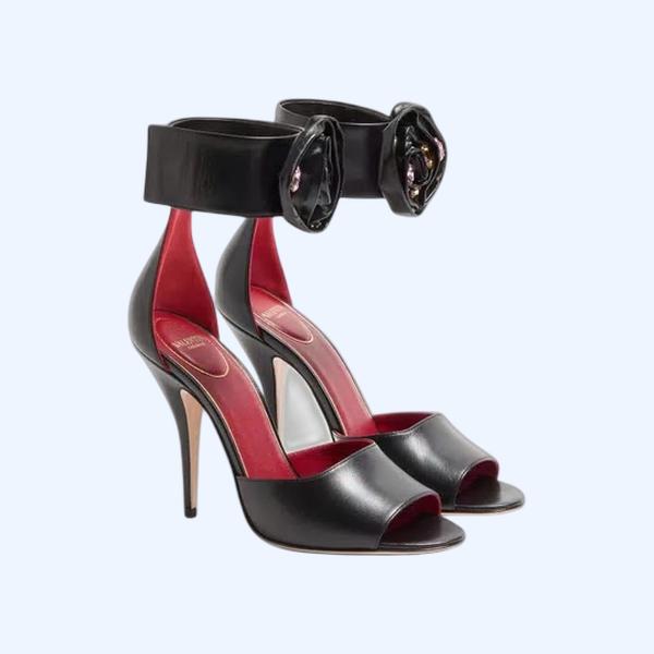 드립 로즈 크리스털 장식 키드스킨 샌들 105mm 블랙