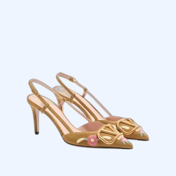 브이로고 시그니처 플로럴 엠브로이더리 크러스트 레더 슬링백 펌프스 80mm