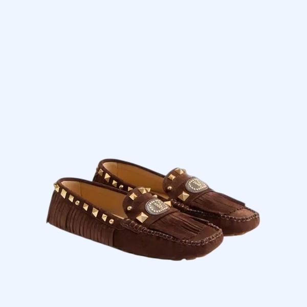 프린지 장식 스웨이드 소재 플래스터 캐스터 드라이버 로퍼