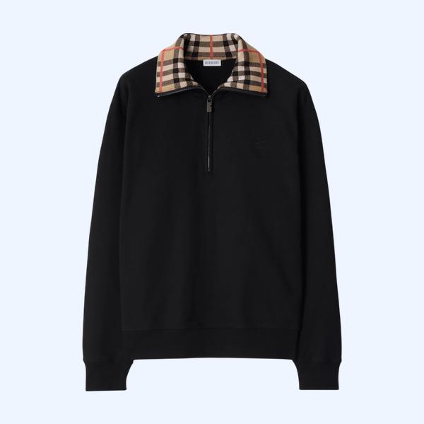 체크 칼라 코튼 하프 지퍼 스웨트셔츠