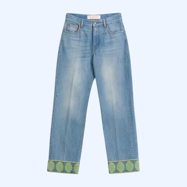 자카드 트리밍 데님 팬츠