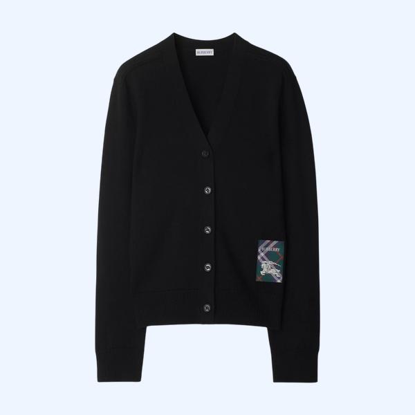 체크 라벨 울 카디건