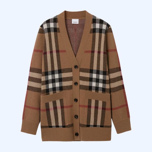 체크 울 캐시미어 카디건