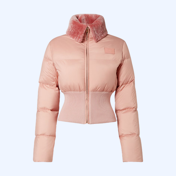 핑크 테크니컬 패브릭 및 시어링 다운 재킷
