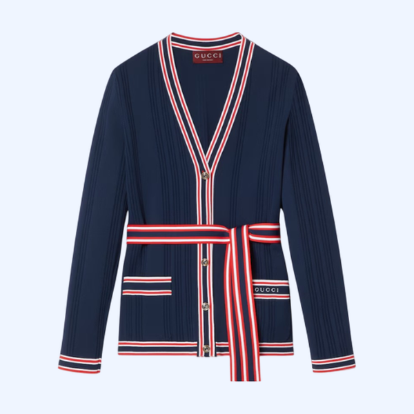 스트라이프 트리밍 셀프 타이 가디건