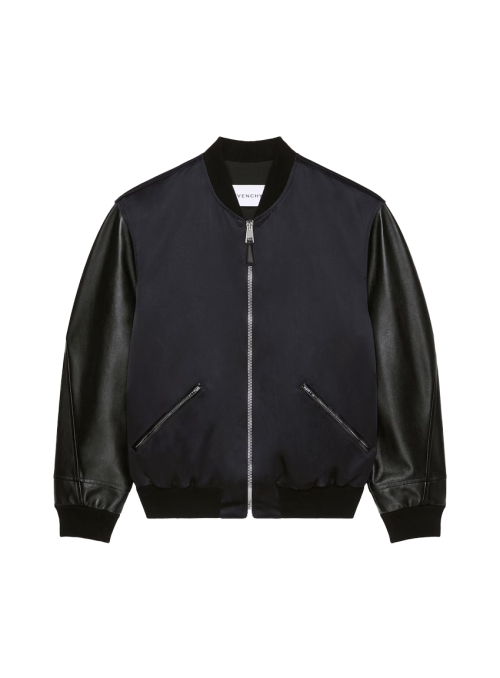 GIVENCHY 파리 자수가 있는 가죽과 새틴 소재의 봄버 재킷