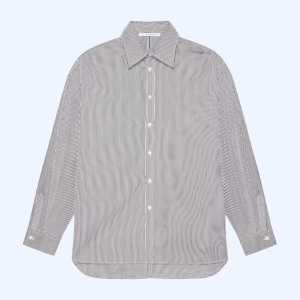 스트라이프 팝린 소재의 쿠튀르 심 코쿤 셔츠