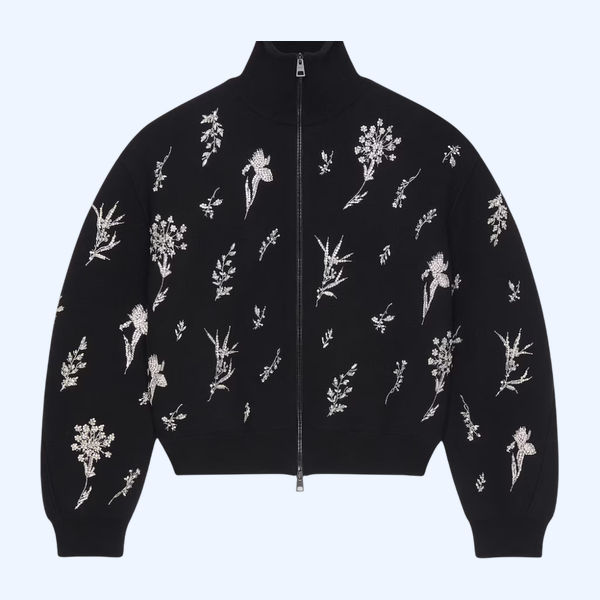 크리스탈 자수가 들어간 울 니트 소재의 코쿤 봄버 재킷