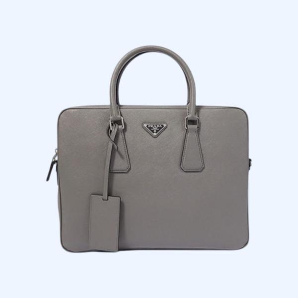 프라다 사피아노 삼각로고 레더 브리프케이스 그레이