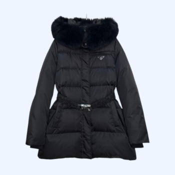 프라다 폭스 퍼 칼라 후드 미디엄 기장 다운 재킷