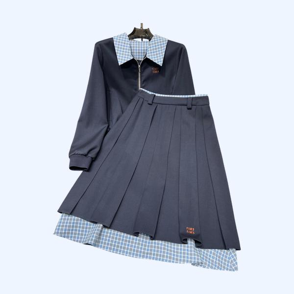 미우미우 라펠  콘트라스팅 플레드 탑 스커트