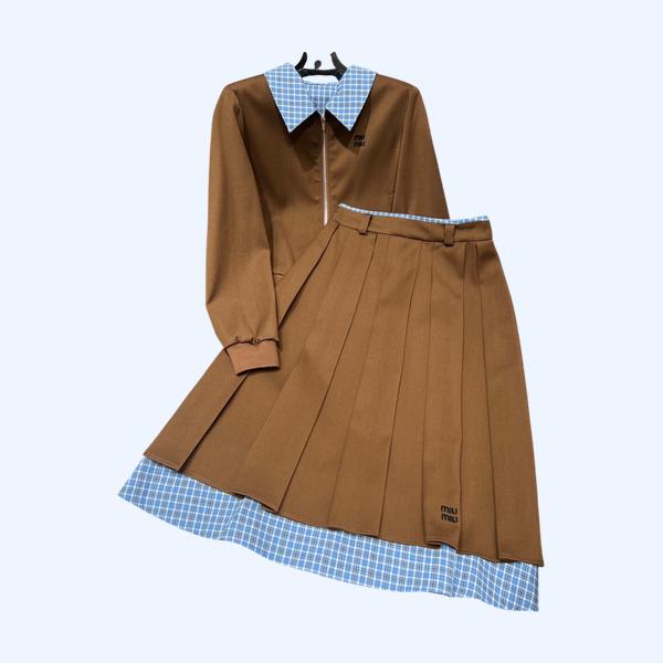 미우미우 라펠  콘트라스팅 플레드 탑 스커트