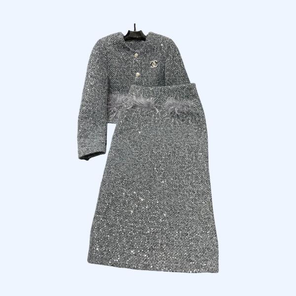 샤넬 스뱅글 퍼 재킷 하이웨스트 스커트