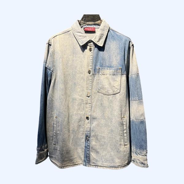 구찌 로고 자수 워시드 데님 셔츠
