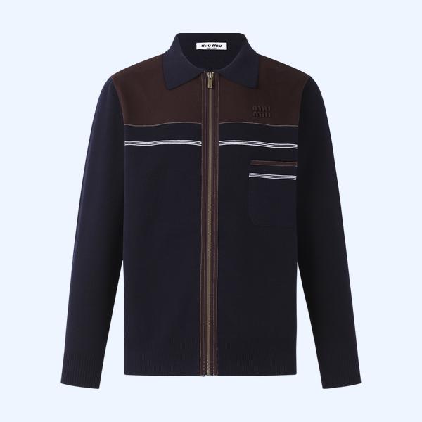 미우미우 라펠 가죽로고 지퍼 가디건